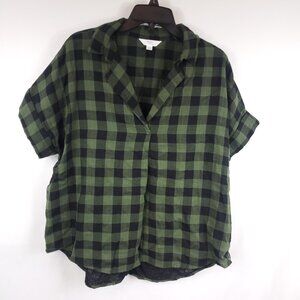 Time and Tru Womens Green Black Popover Roll Shrt Slv V Neck Hi Low NWT Large